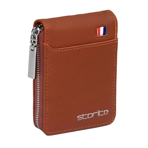 PU Leather 9 Slot Vertical Credit Debit Card Holder Money Wallet Zipper Coin Purse for Men Women - Lightbrown (11.5 x 1.75 x 8 cm)