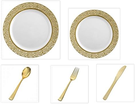 300 Pieces Premium Plastic China Plates Silverware Combo for 60 Guests WHITE with GOLD LACE Border and GOLD SILVERWARE Elegant Disposable Dinnerware - Weddings, Banquets, Parties Heavyweight Plastic
