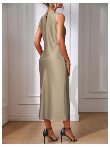 Image of Floerns Women's Elegant Crew Neck Maxi Slit Cocktail Tank Wedding Dress | Boat Neck, Side Slit, Long, Party, Cocktail, Formal, Rehearsal Dinner Guest Midi Dress