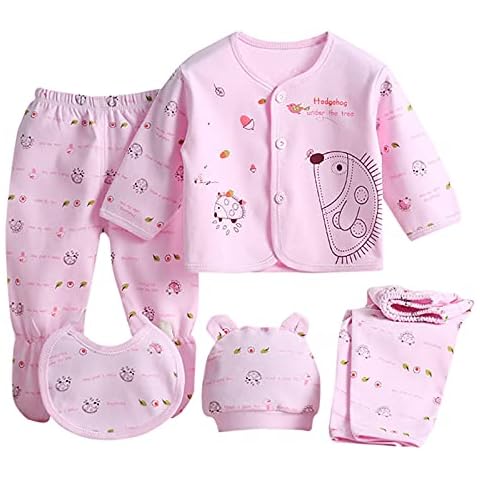 LISfsa 5PCS Newborn Baby Boy Girl Cotton Clothing Set Soft Cartoon Long Sleeve Tops & Hat & Pants & Bib Outfit Set 0-3 Cover