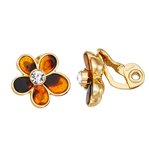 Napier Tortoise Flower Clip On Button Earring, Gold Tone