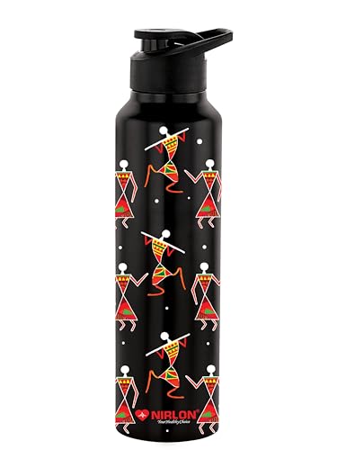 Image of NIRLON Classic Flip UV Printed Single Wall Stainless Steel Sipper Cap Water Bottle 1000ml |Fridge Water Bottle| Office Bottle|Gym Bottle|School Bottle|Treking Bottle|Travel Bottle (Warli Art Black)