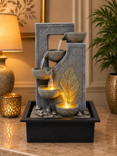 Image of CHRONIKLE Indoor Tabletop Water Fountain with Warm LED Light & Controller Pump|Golden Leaf Designer 4 Diya Step Cascade Polyresin Waterfall Fountain for Home, Meditation Decor | Silver | 40x29.5x22 CM