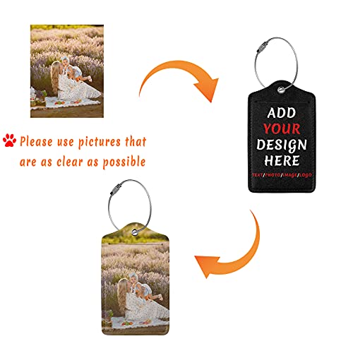 Custom Luggage Tag Personalized Your Own Text, Image, Photo, Logo Customized Travel Suitcases Labels Tags with Full Privacy Card and Stainless Steel Loop, Set of 2 PU Leather Baggage Tags2