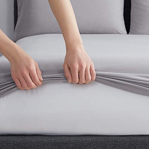 Image of Sweet Home Collection Jersey Knit Microfiber Bed Sheet Set - Premium Soft & Breathable Stretch Deep Pocket Knitted Jersey Sheet Set - Full, Silver