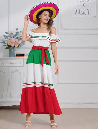 ABAFIP Women's Mexican Dresses Traditional Fiesta Off Shoulder Ruffle Strap Stripe Cinco De Mayo Maxi Dress3