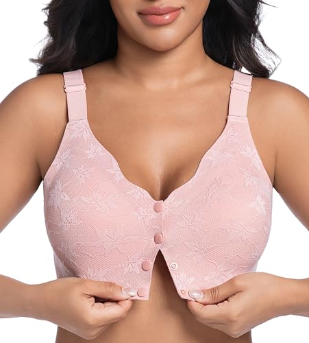 Front Closure Daisy Bras for Women No Underwire Comfort Lace Older Senior Wireless Snap Closing Bra Pink 3XL