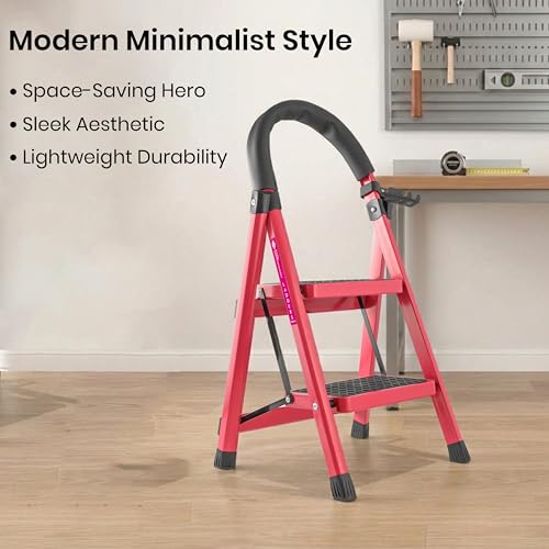 Image of Casa Copenhagen Red 2 Step Ladder for Home Use with Built-in Tool Tray | Heavy Duty D Shape Rods | Ultra Large Platform | Wide Rubber Feet | 150Kg Capacity Foldable Ladder - 7 Years Warranty