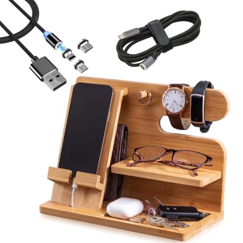 Generic - Bamboo Multiple Device Docking Station with Free Charging Cable - Desktop Docking Station Organizer for Cellphone, Smart Watch, Tablet - Multipurpose Organizer Gift