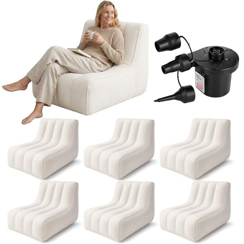 Fiwochic 6 Pcs Bean Bag Chairs for Adults Inflatable Chairs with Electric Air Pump, Blow up Couch Flocking Portable Comfy Inflatable Beanbag Lazy Sofa for Reading Living Room (Beige)