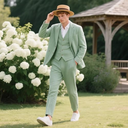 Linen Mens Suit 3 Piece Slim Fit Beach Homecoming Suit for Men Prom Party Casual Blazer Vest Pant Set3