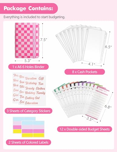 Image of A6 Budget Binder for Money Saving, PU Leather Budget Planner with 8 Cash Envelopes, Budget Sheets & Rose Gold Category Stickers, Money Organizer for Cash (Hot Pink Checkered)