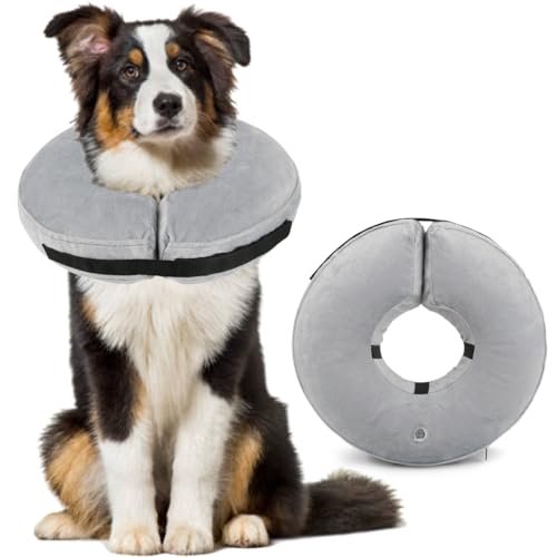 BUYGOO Aufblasbare Halskrause Hund, Aufblasbare Halskrause für Hunde & Katzen, Einstellbar Schutzkragen Hunde, Halskrause Hund Aufblasbar, Hundekragen für Genesung nach Operationen oder Wunden, Grau,L
