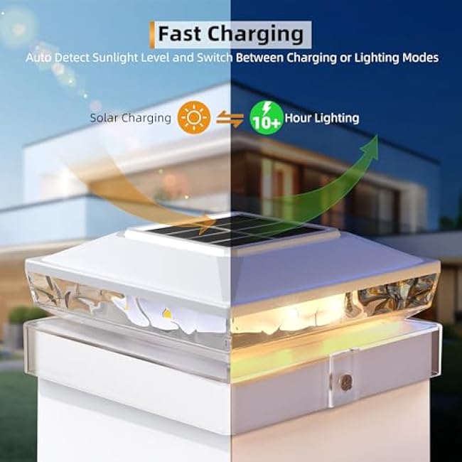 Solar Post Caps Light, Fence Post Solar Light for 4x4 5x5 Wooden/Vinyl, Courtyard Atmosphere Warm Lighting LED with IP64 for Decorate Deck Garden Patio Porch (White, 6 Pack)