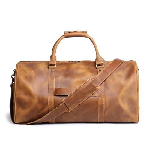 Leathfocus Leather Travel Duffel Bag, Classic Leather Weekend Bag Mens Gift Overnight Retro Sport Gym Carry on Luggage YKK Zipper (B Style Brown)