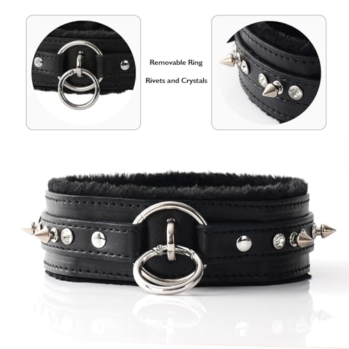 Gothic Punk Choker for Women, Handmade PU Leather Collar with Crystal Rivets Soft Inner Fur Comfortable Necklace3