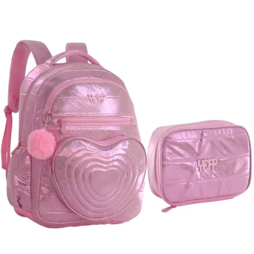 Kit Mochila Grande Coração Glitter Candy Collor Com Chaveiro e Estojo Feminina Escolar (ROSA)