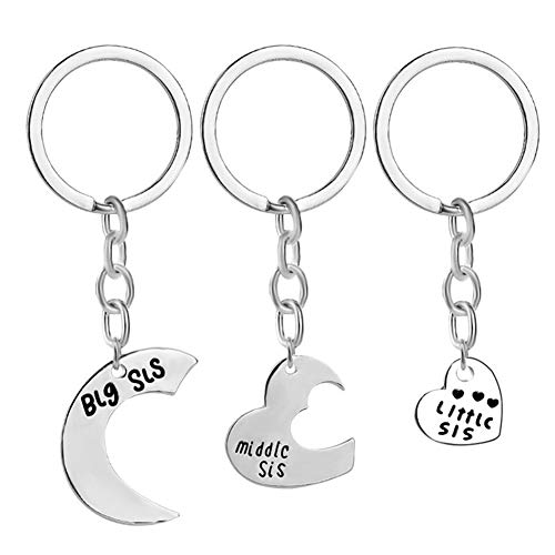 AILUOR 3pcs Big Sis Middle Sis Little Sis Love Heart Keychain Set Silver Alloy Charm Matching Heart Sisters Pendant Keychain Keyring Set Family Jewelry Gift (Silver)