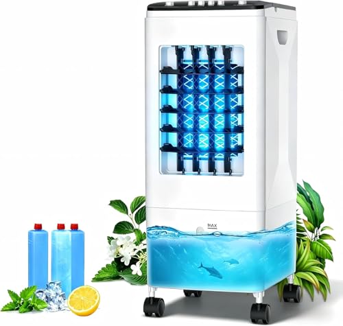 Climatiseur Mobile 3-en-1 Rafraîchisseur d’Air, Réservoir 6L, 3 Blocs Réfrigérants, 60W Économie d’Énergie, 35dB Silencieux, Oscillation 60°, 3...
