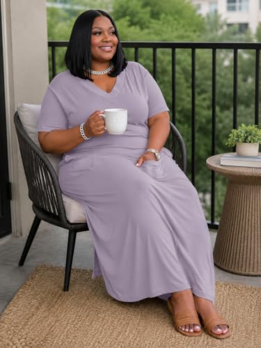 Image of Plus Size Maxi Dress for Women Short Sleeve V Neck Casual Loose Sundress with Pockets