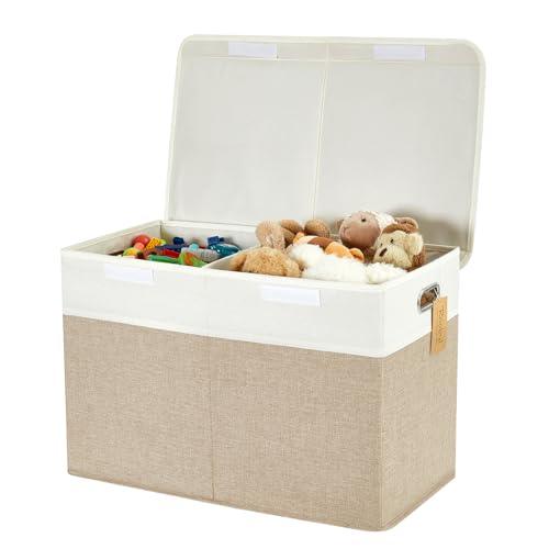 Image of Large Toy Storage Box with Lid, Collapsible Toys Storage Organizer Bins with Dividers and Handles, Storage Chest Bin for Kids, Boys, Girls, Nursery 25 inchx13 inch x16 inch (Beige & White)