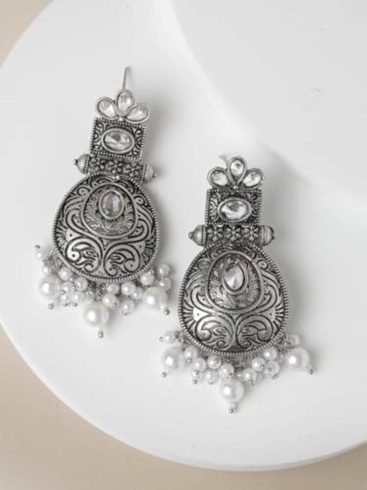 Silver-Plated Kundan Stone & Pearl Oxidised Drop Earrings
