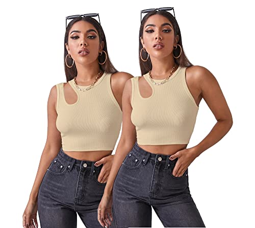 Image of Shasmi Women's & Girls' Solid Ribbed Round Neck Collarless Sleeveless Slim Fit Cut Out Tank Tops (Pack of 2) (TOP 48 Skin Skin L)