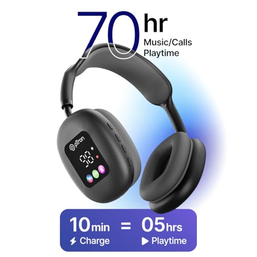 Image of pTron Studio Pixel, 70hrs Playtime, Dual Device Pairing, Wireless Over Ear Headphones w /HD Mic, TruTalk AI-ENC Calls, 40mm Drivers, Pristine Sound, RGB Display, BT5.3 & Type-C Charging (Jet Black)