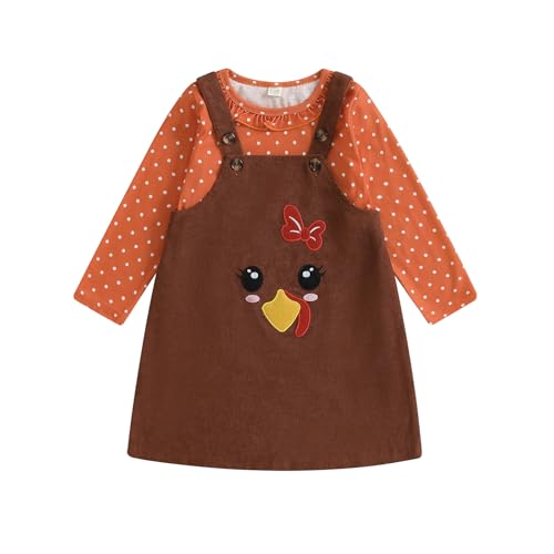 3-7T Toddler Thanksgiving Outfit Girl Long Sleeve Ruffles Shirts and Turkey Suspender Skirt Girls Fall Dress