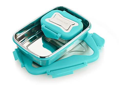 Image of STEELLOCK Smart Stainless Steel Tiffin Lunch Box for Kids and Adults 2pc Set | Airtight & Leakproof | Rectangle Combo for School & Office with Steel Lid |(1pc-750ml & 1pc-170ml) Turquoise