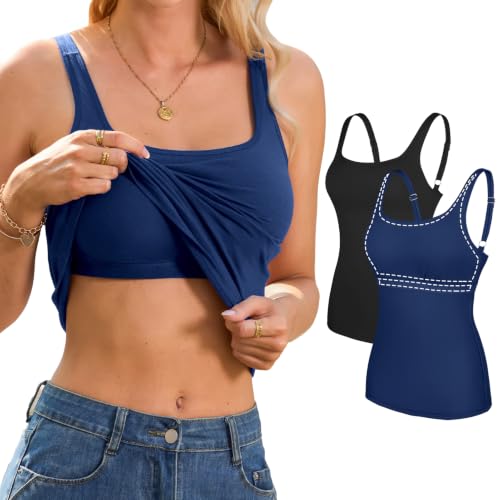 Image of V FOR CITY Non-Padded Shelf Bra Tank Top for Women Cotton Adjustable Wide Strap Camisole Basic Cami Shirts 2 Pack