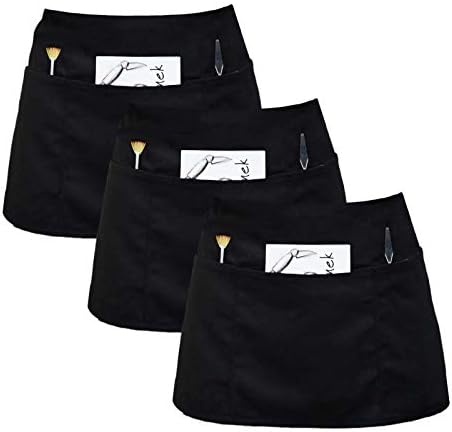 Conda 3 Pack Waist Apron, Black Waiter Aprons with 3 Pockets Each, Polyester Made for Painting, Gardening and Cooking