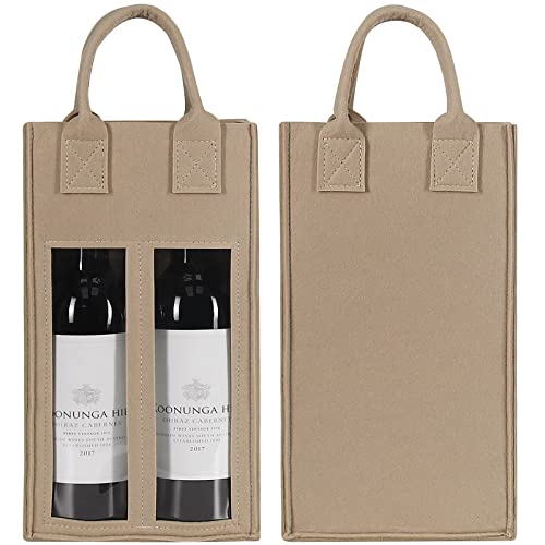 Shintop Double Wine Bag with Window Felt Bottle Gift Bag with Handle Reusable Wine Tote Carrier for Party Favors Travel Camping(1pc beige)