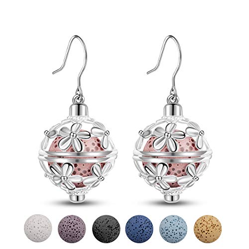 INFUSEU Dangling Earrings Daisy Drop for Women Aromatherapy Essential Oil Diffuser Locket Jewelry + 14 PCS Lava Stone Rock Balls (Silver)