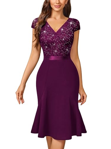 Image of Miusol Women's Elegant V Neck Sequin Glitter Lace Ruffle Style Cocktail Prom Dress