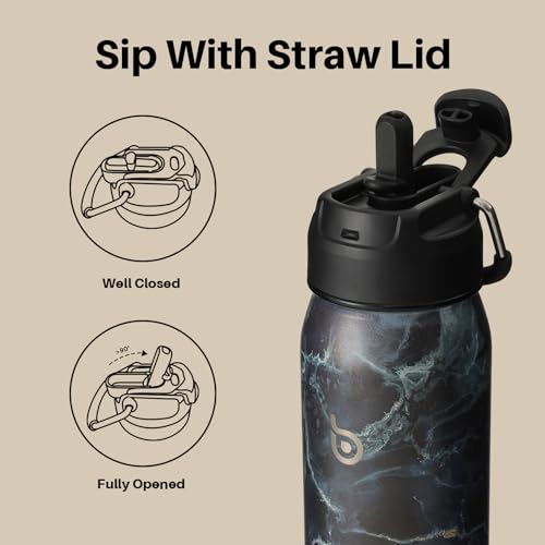 BOTTLE BOTTLE Insulated Water Bottle Stainless Steel 700ml（24oz） Bike Water Bottles with Straw and Adjustable Lid Daily Drink Flask Pill Organizer (black stone)