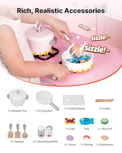 Image of VEVOR Play Kitchen for Kids, Wooden, Kids Kitchen Playset with Real Lights & Sounds, Food & Cookware Accessories, Pretend Play Toy Set, Range Hood, Microwave, for Toddlers, Girls & Boys Ages 3-8, Pink