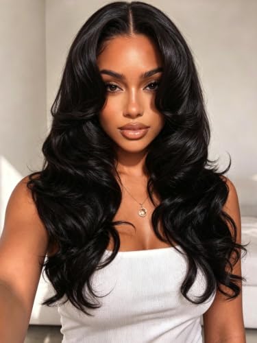 KLAIYI Loose Body Wave Glueless Bouncy Curls 180% Density Bye Bye Knots Precut 7x5 Lace Front Wigs Human Hair Drawstring Pre Plucked Bleached 3S Ready to Wear and Go Wig with Face Framing Bangs 22Inch