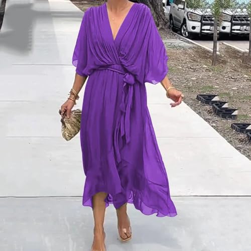 Juankrynord Robe mi-longue en mousseline de soie fluide à col en v profond pour les femmes élégante en mousseline de soie à col en v solide sexy décontractée à la mode robe d'été (Violet,M) – vue 2