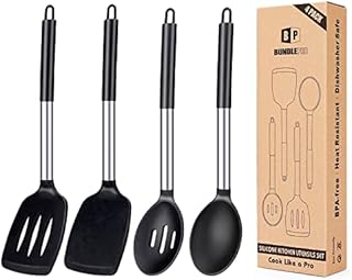Pack of 4 Silicone Cooking Utensils Set, Non Stick Large Solid Spatulas, Heat Resistant Black Slotted Spoons, Ideal BPA Free Kitchen Turners for Frying, Mixing,Serving,Draining,Turning,Stirring