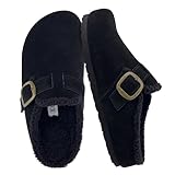 CUSHIONAIRE Haven Genuine Leather Clogs for Women – Faux Fur Lined Slip-On Womens Shoes with Cork Footbed and Adjustable Buckle, Black 9