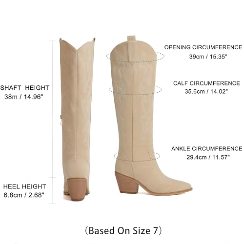 Image of Reitoye Cowboy Boots Women Knee High Cowgirl Embroidered Chunky Heel Boots | Block Chunky Heel,Pointed Toe,Half Side Zipper & Pull Tab,Embroidered Tall Boots,Fall Summer Spring Winter Dress Long Boots
