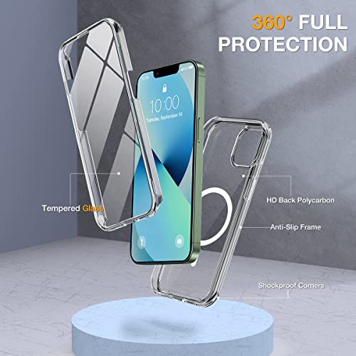 Image of Miracase for iPhone 13 Case 6.1'',Full-Body Magnetic Clear Bumper Case with Built-in 9H Tempered Glass Screen Protector,Military Drop Protection Outdoor Phone Case,Clear