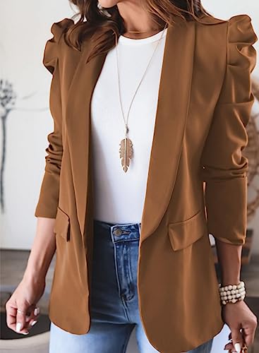KIRUNDO Women's 2026 Spring Fall Casual Blazers Puff Sleeve Lapel Open Front Work Suit Office Blazer Jackets with Pockets(Brown, Medium) — view 3