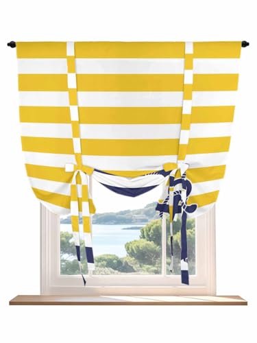 Tie Up Curtains for Windows Yellow Striped Roman Shade 52 x 45 Inch Bathroom Curtain Window Navy Blue Nautical Anchor Geometric Rod Pocket Short Balloon Curtains for Living Room Kitchen Small Blinds