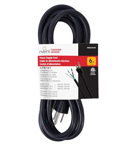 Image of nVent GARDNER BENDER PS615143 6 ft Replacement Appliance Power Cord 14 /3 AWG Heavy-Duty SJTW Cable with Grounded NEMA 5-15 Plug 15A 125V 1875W Power Tool & Appliance Cord (Formerly: Bergen Industries)