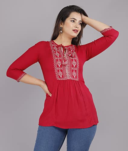 Image of Shiva Fab Short Kurti for Women | Embroidered Straight Rayon Kurta | Round Neck Full Sleeves Short Kurti for Women's