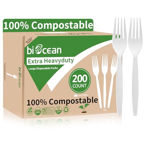 Biocean Extra Heavyduty Compostable Forks [200 Count,7In] Disposable Cutlery No