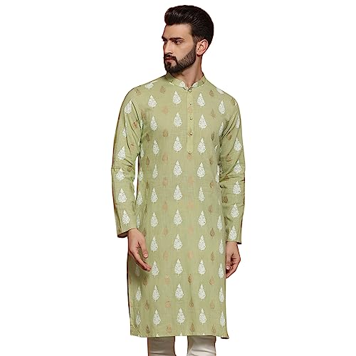 Image of KISAH Men Green and White Kurta, Cotton, Full Sleaves, Knee Length, Straight, Regular Fit, Mandarin Collar Ethnic wear