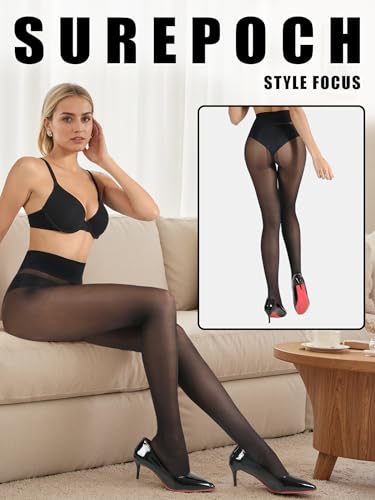 SUREPOCH Sheer Nylon Tights for Women 20D T Crotch Pantyhose Control Top High Waist Black Stockings Reinforced Toe2